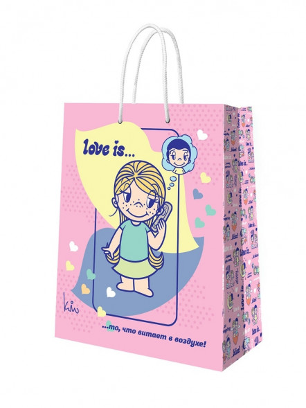 Love is. Пакет подарочный большой мятный с розовым, 220*310*100 мм оптом
