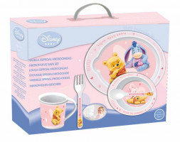 Набор для СВЧ: тарелка + миска + кружка + приборы (розовый). Винни-пух