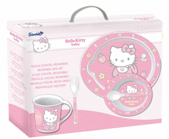 Набор для СВЧ: тарелка + миска + кружка + приборы. Hello Kitty оптом