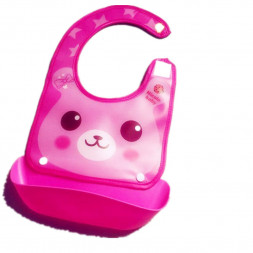 Детский нагрудник с пластиковым карманом розовый мишка